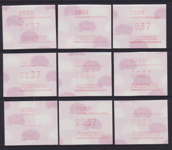AUSTRALIA FRAMAS 1987 37c Echidna POST CODE Set x9 BW 1228A/I MNH Cv $10 [E4304]