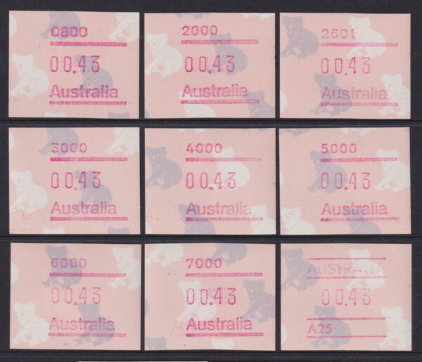 AUSTRALIA FRAMAS 1990 43c Koala POST CODE Set x9  BW 1294A/I MNH Cv $10 [E4305]