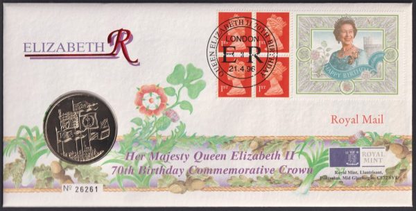 GREAT BRITAIN - 1996 'QEII 70th BIRTHDAY COMMEMORATIVE CROWN' PNC £5 Coin [E4562]