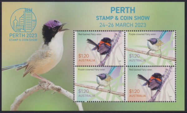 AUSTRALIA - 2023 'FAIRY WRENS' Perth Stamp Show Overprint Miniature Sheet MNH [E4655]