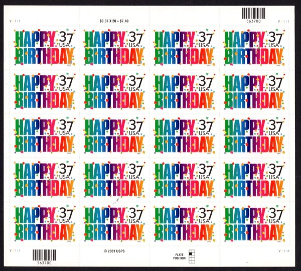 USA - 2002 'GREETINGS - HAPPY BIRTHDAY 37c' Self Adhesive Sheet MINT [E4478]