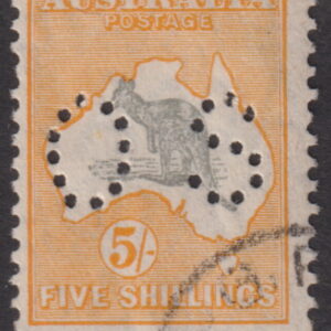 AUSTRALIA - 1929 ROO SM Wmk 5/- 'GREY & YELLOW' OS SG Ø118 CTO Cv £60 [E5051]