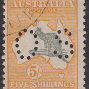 AUSTRALIA - 1929 ROO SM Wmk 5/- 'GREY & YELLOW' OS SG Ø118 CTO Cv £60 [E5052]