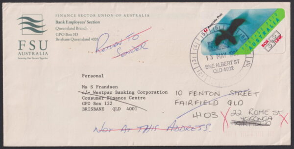 AUSTRALIA - 1992 BOXLINK Label on redirected cover  BW 1592 FU Cv $15 [E5152]