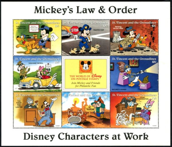DISNEY - St Vincent & The Grenadines - 1996 'DISNEY CHARACTERS AT WORK - Mickey's Law & Order' Series 2 Sheetlet MNH [E6055]