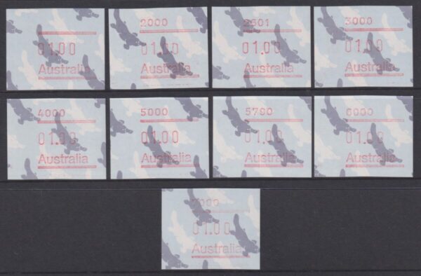 AUSTRALIA FRAMAS - 1986 $1.00 PLATYPUS set x 21  BW 1167 MNH Cv $55 [E6490]
