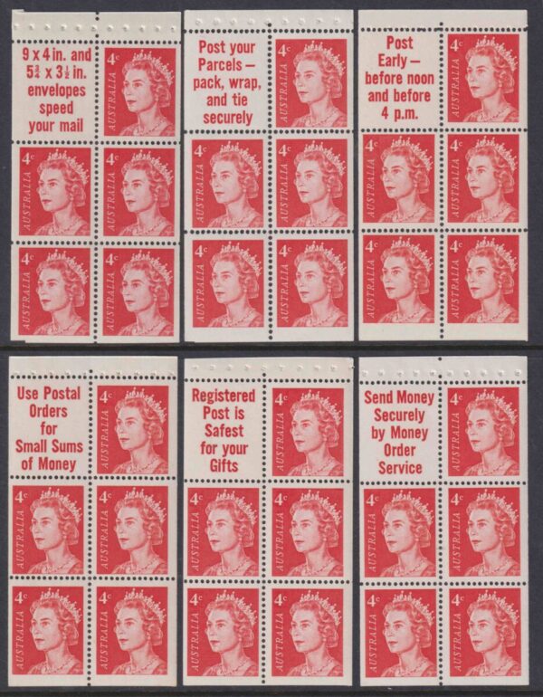 AUSTRALIA - 1966 QEII 4c RED Booklet Panes x6 SG 385a MNH Cv £80 [E7086]