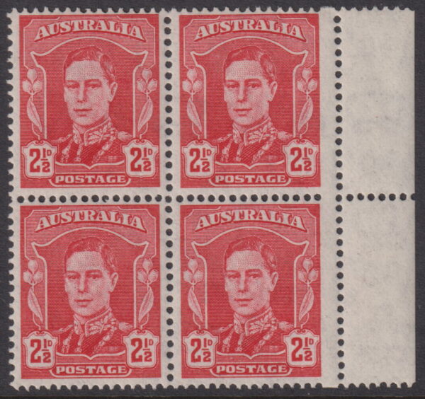 AUSTRALIA 1942 KGVI 2½d RED Block + Skipped Perfs.  SG 206 MNH Cv $400 [E7485]