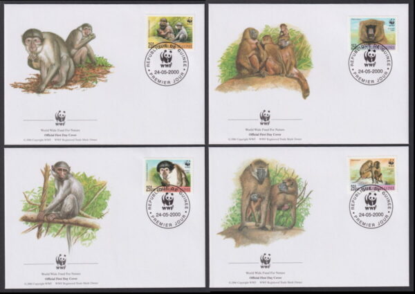 REPUBLIC OF GUINEE - 2000 WWF 'COLLARDED MANGABEY & GUINEA BABOON' Set of 4 First Day Covers [E7458]