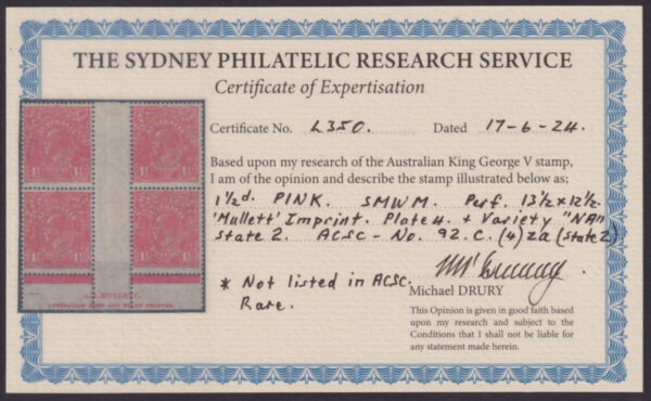AUSTRALIA - 1926 KGV SM Wmk 1½d 'PINK' Rare Variety SG96 var MLH Cv $125++[E8783]