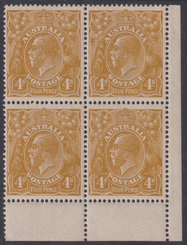 AUSTRALIA - 1924 KGV Single Wmk 4d 'OLIVE-YELLOW' SG80 MVLH/MNH Cv $2,500 [E8787]