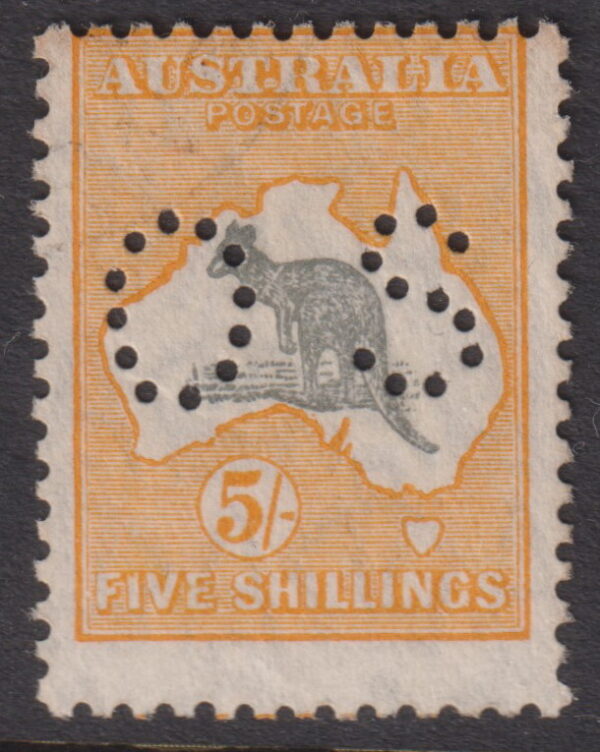 AUSTRALIA - 1929 ROO SM Wmk 5/- 'GREY & Y-ORANGE' Variety SG Ø118var CTO Cv $400 [E8840]
