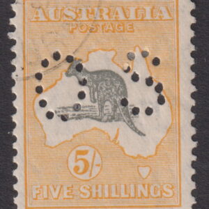 AUSTRALIA - 1929 ROO SM Wmk 5/- 'GREY & YELLOW' variety SG Ø118var CTO Cv $7,500 [E8841]