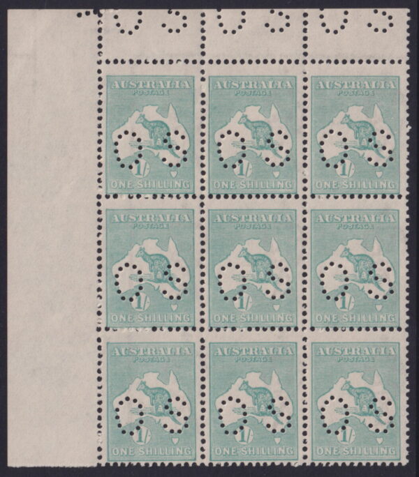 AUSTRALIA - 1920 ROO 3rd Wmk 1/- 'GREEN' Die 2b OS Block x9 SGØ48 MNH Cv $3,800 [E8866]