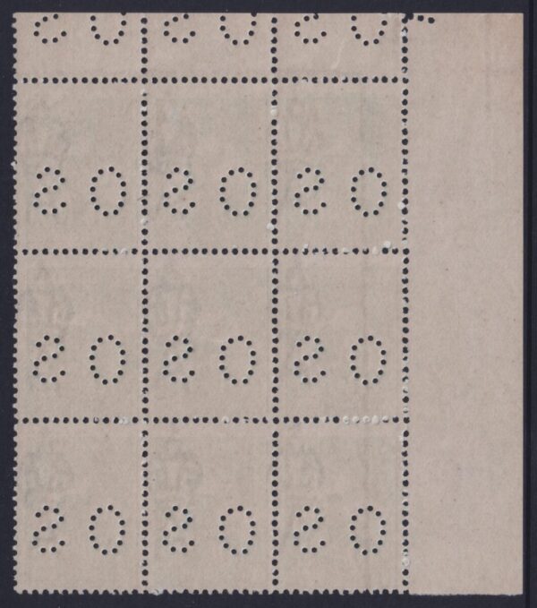 AUSTRALIA - 1920 ROO 3rd Wmk 1/- 'GREEN' Die 2b OS Block x9 SGØ48 MNH Cv $3,800 [E8866]