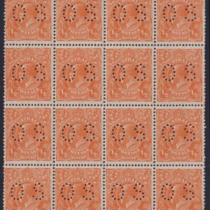 AUSTRALIA - 1928 KGV SM Wmk ½d 'ORANGE' OS Block x16 SG Ø97 MNH Cv $320 [E8867]