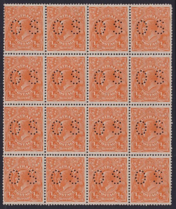 AUSTRALIA - 1928 KGV SM Wmk ½d 'ORANGE' OS Block x16 SG Ø97 MNH Cv $320 [E8867]