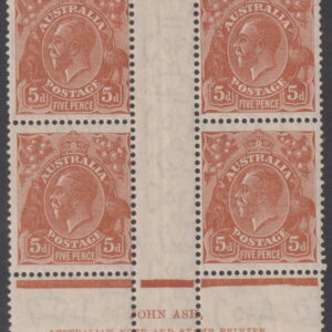 AUSTRALIA - 1932 KGV CofA Wmk 5d 'YELLOW-BROWN' Imprint block SG 130 MH Cv $400 [E8868]