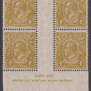AUSTRALIA - 1933 KGV CofA Wmk 4d 'Gr-OLIVE' Imprint Block SG 129 MLH Cv $550 [E8876]