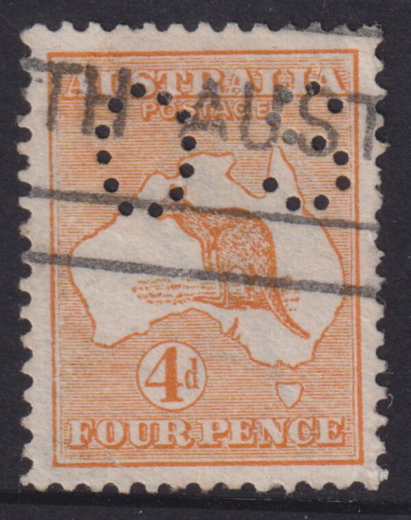 AUSTRALIA - 1914 ROO 1st Wmk 4d 'ORANGE' OS SGØ21 FU Cv £110 [E9303]