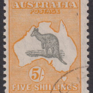 AUSTRALIA  Roos - 1929 SM Wmk 5/- GREY & YELLOW  SG 111 CTO Cv $250 [F0468]