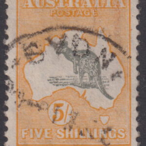AUSTRALIA  Roos - 1929 SM Wmk 5/- GREY & Y-ORANGE  SG 111 FU Cv $250 [F0486]