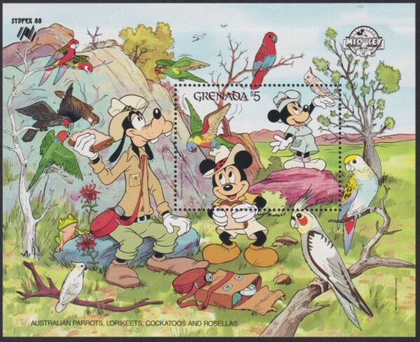 DISNEY - Grenada - 1988 'SYDPEX - Mickey & Minnie with Rainbow Lorikeets' Miniature Sheet MNH [F0915]