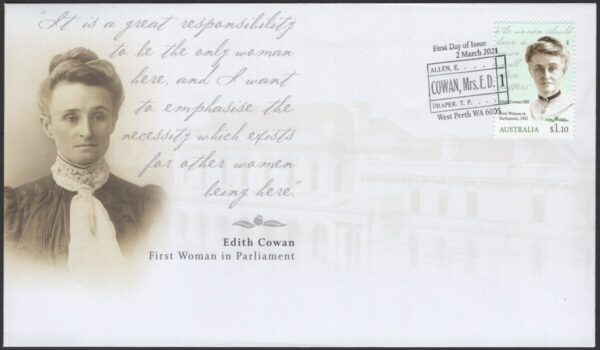 AUSTRALIA - 2021 '1st WOMAN IN PARLIAMENT - Edith Cowan' First Day Cover [F1029]