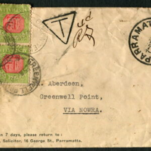 AUSTRALIA - 1938 1d POSTAGE DUE 'GREEN & RED' Block of 4 on Cover [A9051]