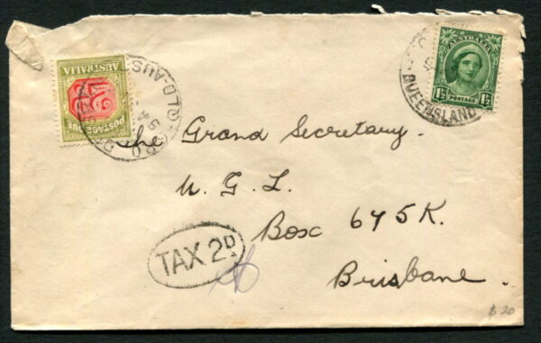 AUSTRALIA - 1946 2d POSTAGE DUE 'GREEN & RED' on Cover [A9058]