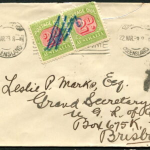 AUSTRALIA - 1933 2d x2 POSTAGE DUE 'GREEN & RED' pair on Cover [A9060]
