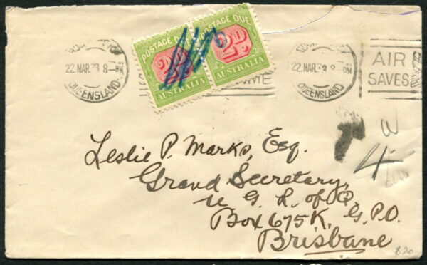AUSTRALIA - 1933 2d x2 POSTAGE DUE 'GREEN & RED' pair on Cover [A9060]