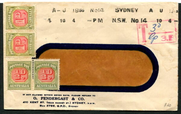 AUSTRALIA - 1950 1d POSTAGE DUE 'GREEN & RED' (Taxed 3d) on Cover [A9066]