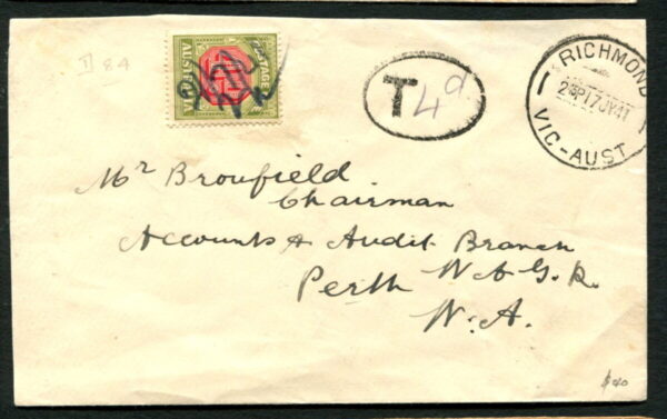 AUSTRALIA - 1941 4d POSTAGE DUE 'GREEN & RED' on Cover [A9067]