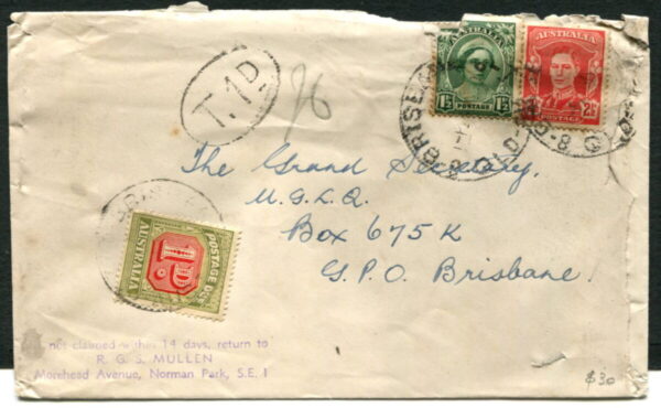 AUSTRALIA - 1951 1d POSTAGE DUE 'GREEN & RED' on Cover [A9077]