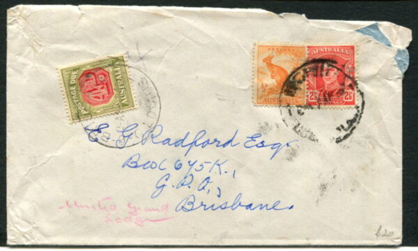 AUSTRALIA - 1943 4d POSTAGE DUE 'GREEN & RED' on Cover [A9083]